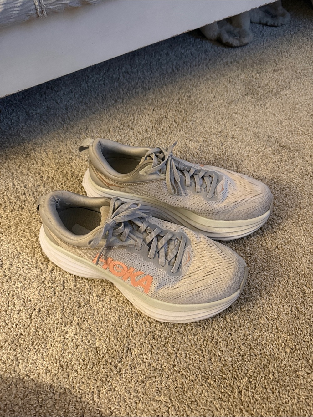 Hoka Light Gray and Coral Road Running Sneakers